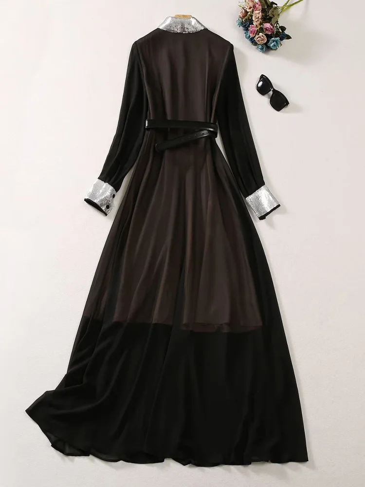 

Осеннее модное Черное длинное платье с блестками для женщин 2023 Vestido Fiesta Feminino Элегантное однобортное платье с длинным рукавом