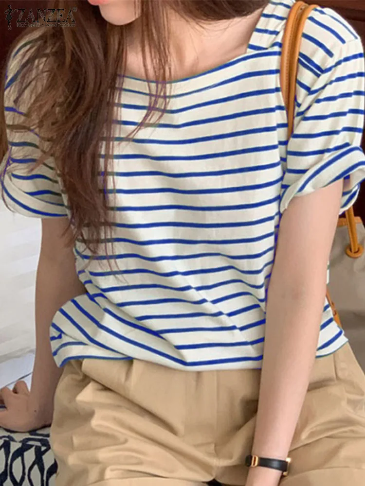 

Блузка ZANZEA женская с квадратным вырезом, рубашка в полоску с коротким рукавом, универсальная туника в Корейском стиле, простые рубашки, лето 2024