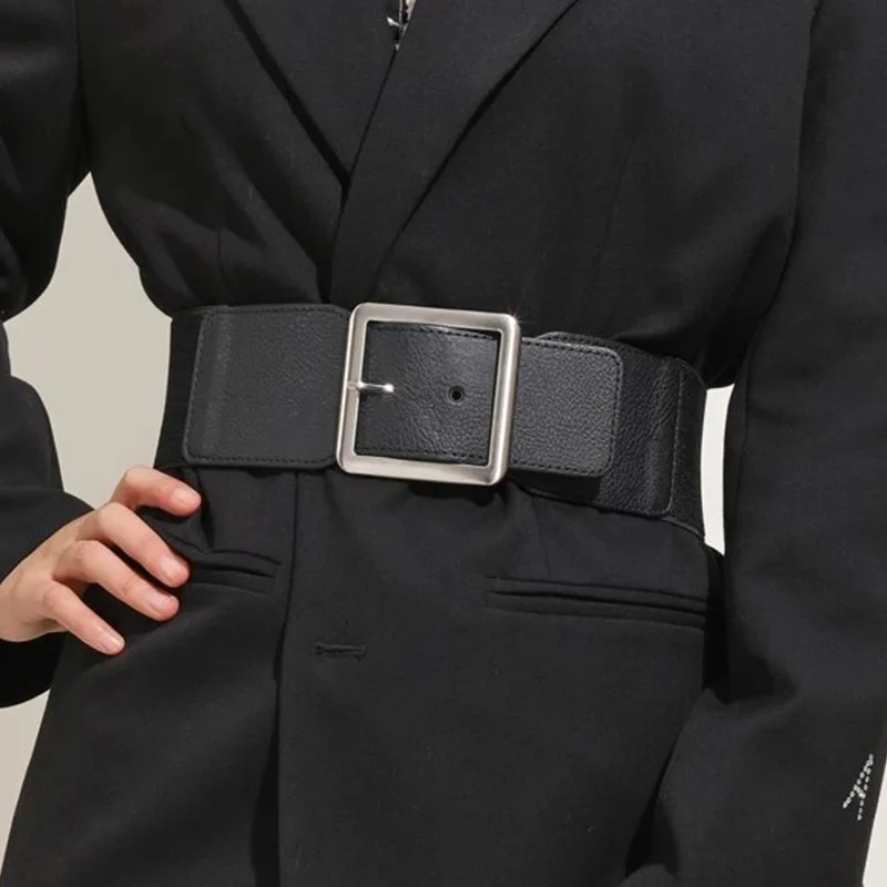 Retro Pu Elastic Wide Corset Belt For Women Square Buckle Waist Strap Female Designer Dress Skirt Coat Decorative Girdle