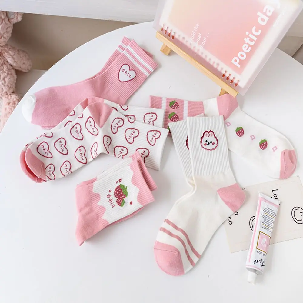 Sweet Pink Series Fashion Design Strawberry Girls Gift Korean Style Socks Women Socks Cotton  Hosiery Mid-Tube Socks