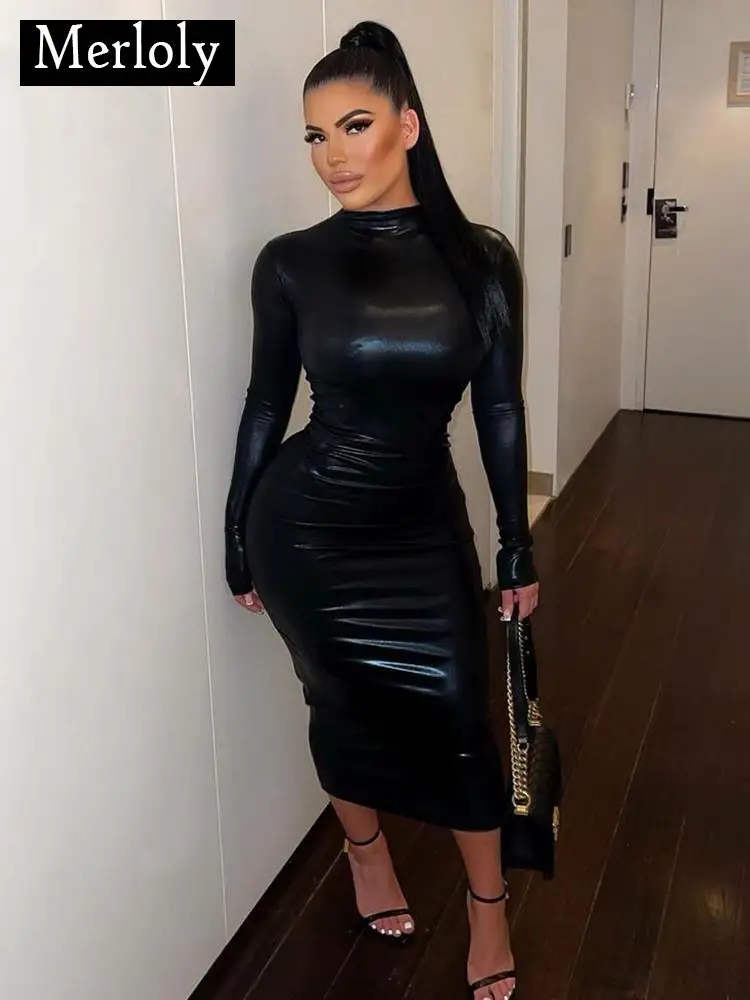 

Женское черное платье средней длины Merloly с длинным рукавом 2023 Осенняя Клубная облегающая уличная одежда