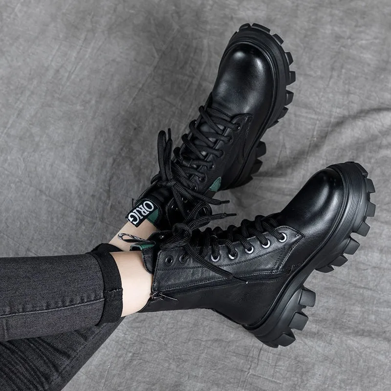 New Platform Shoes for Women Boots Retro Brown Leather High