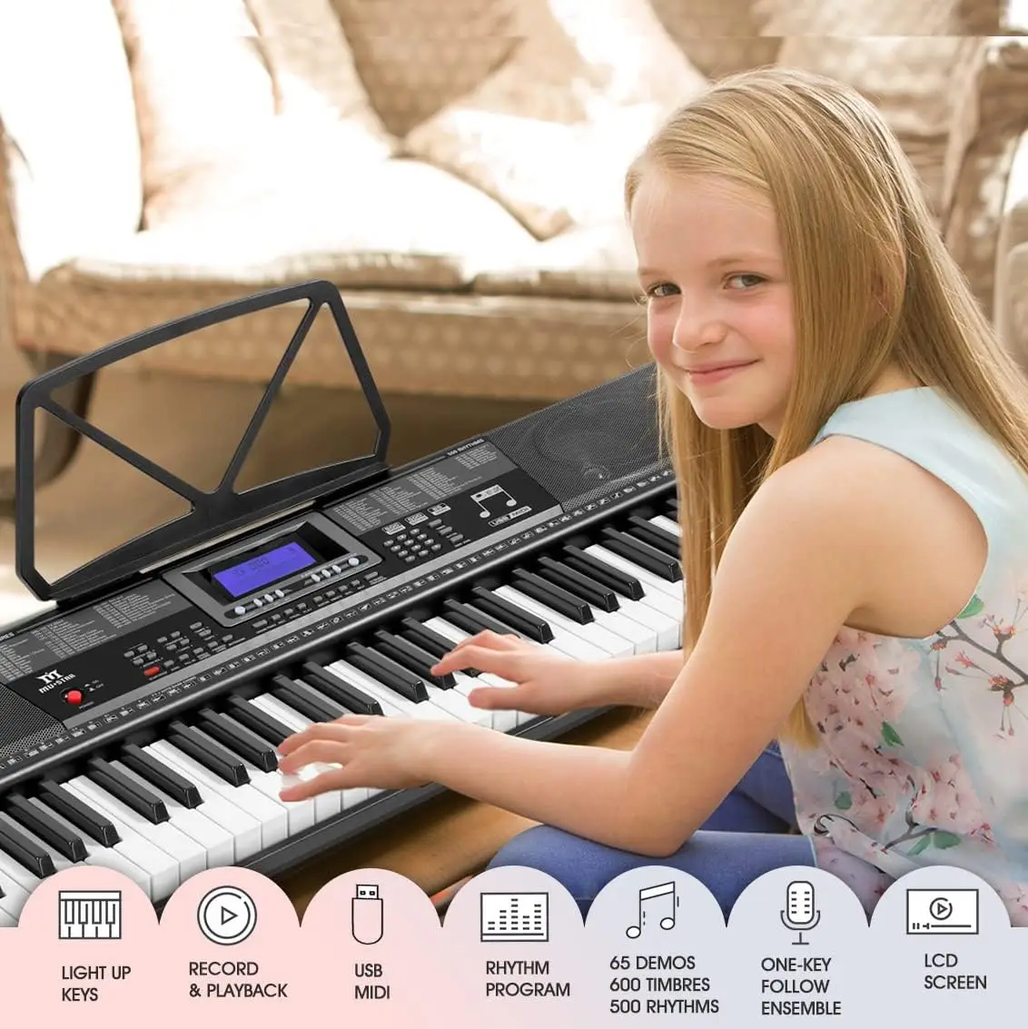 Piano Keyboard, MEKS-500 61 Key Learning Keyboard Piano with Lighted Up Keys, Electric Keyboard for Beginners, Stan