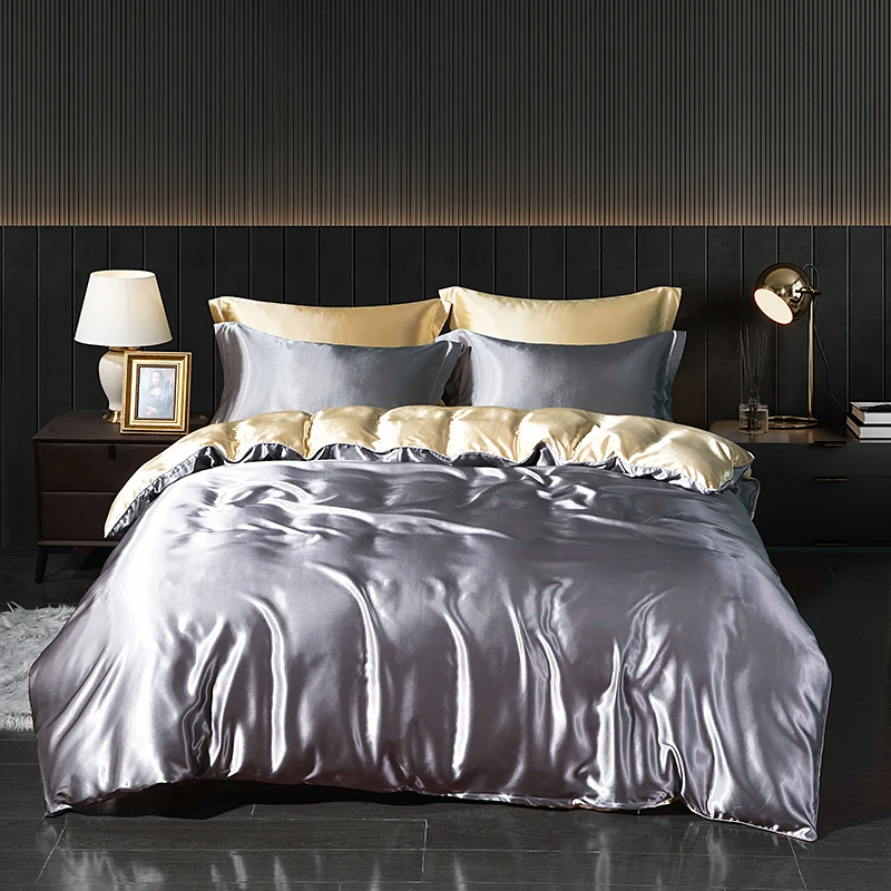 Luxury Satin  Bedding Set With Fitted Sheet Duvet Cover High End Bedding Sets High Density Satin  Solid Color Bedding