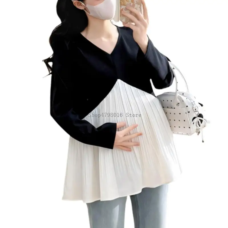흑백 패치워크 디자인의 통기성 면 임신 탑 매일 야외 착용을 위한 편안한 출산 블라우스