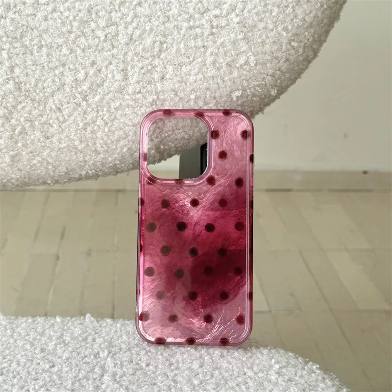 Whirlpool Pattern Berry Pink Polka Dot Phone Case with Fur Ball Hanging Rope