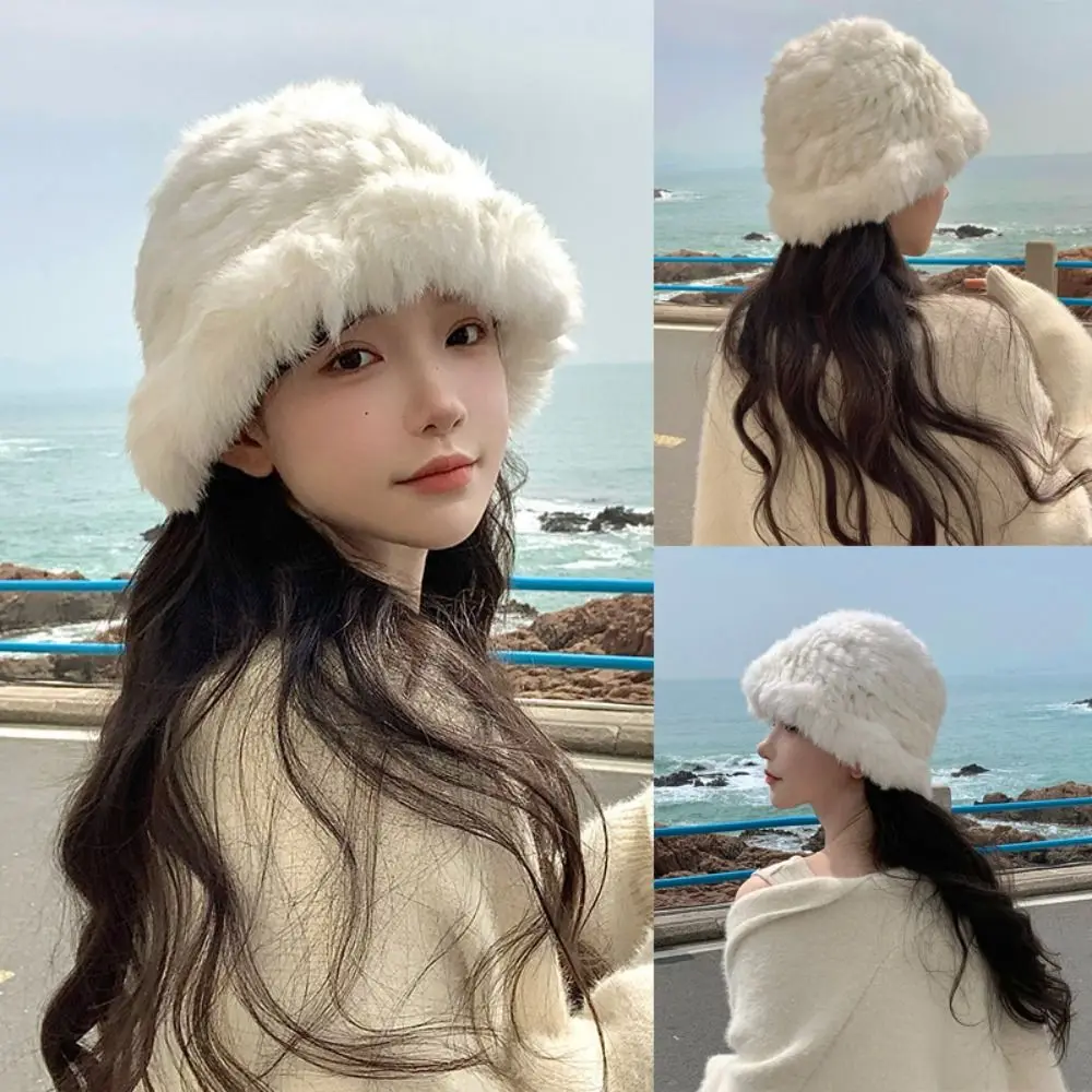 

Autumn and Winter Fisherman Hat Fashion Keep Warm All-match Winter Bucket Hat Rabbit Fur Windproof Warm Basin Hat Women