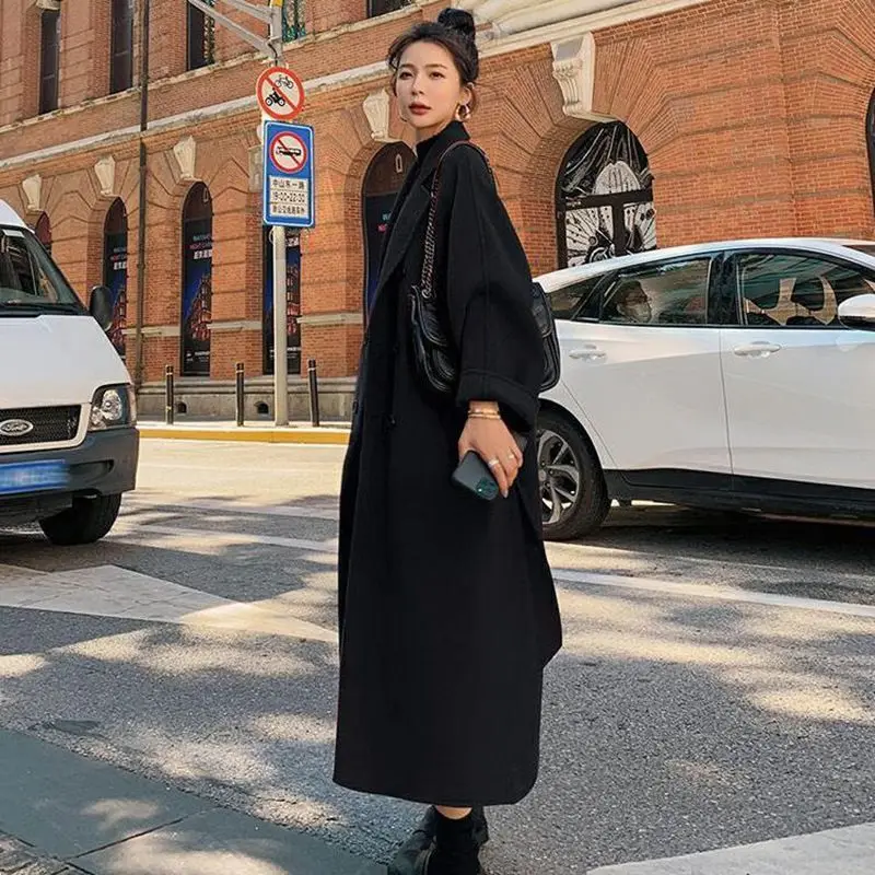 Oversized Korean Woolen Coat Women Solid Colors Lace Up Long Jacket French Style Elegant Fall Winter Thick Midi-Length Overcoat