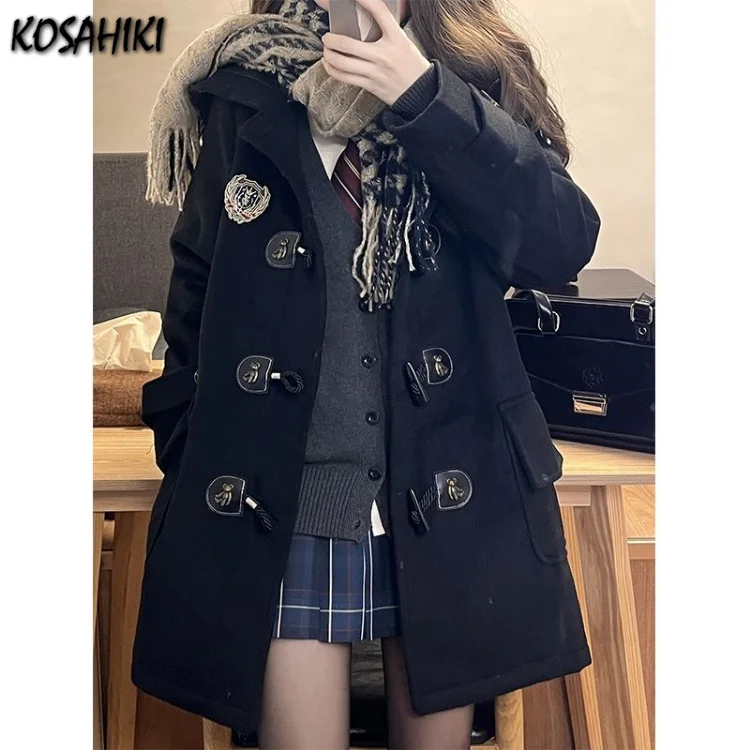 

JK Girl Students Korean Fashion Jackets Women Horn Buckle Wool Blends Coats 2023 Autumn New Hoody Mid Long Jacket Y2k