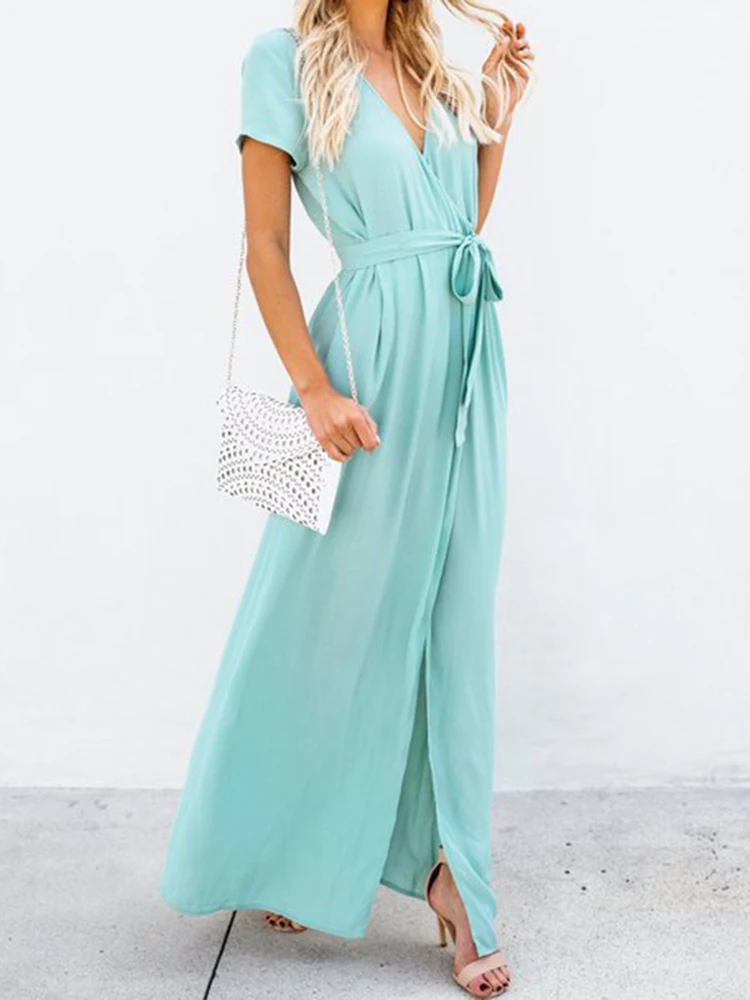 

Summer Blue V-Neck Short-Sleeved Waist Tie with Split Femal Dress High Street Long Party Dresses for Womrn 2022 Free Shipping
