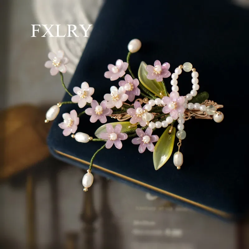 

FXLRY Original Handmade Natural Pearl Vintage Flower Bangs Clip Side Clip Side Clip Headdress