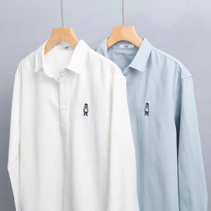 

High Quality Spring Fit Shirt Men's Long Sleeve Bear Logo Casual Without Pocket Solid White Blue Shirt Men Plus Size 4XL