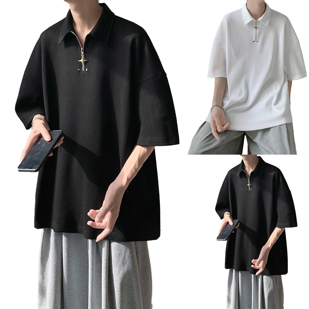 Male Top Men Daily Dancing Streetwear Summer Tee Zippered Basic Breathable Lapel Lazy Style Loose Comfy Fashion