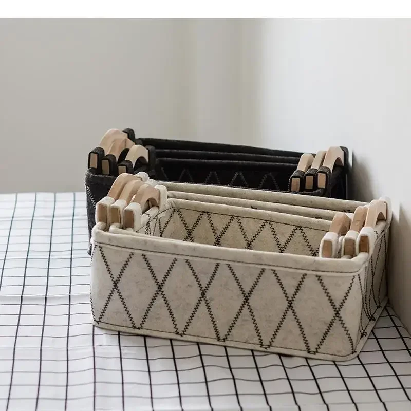 

Three-piece Storage Fabric Nordic Style Box Rectangle Sundries Desktop Suit Handle Wooden Key Basket Felt