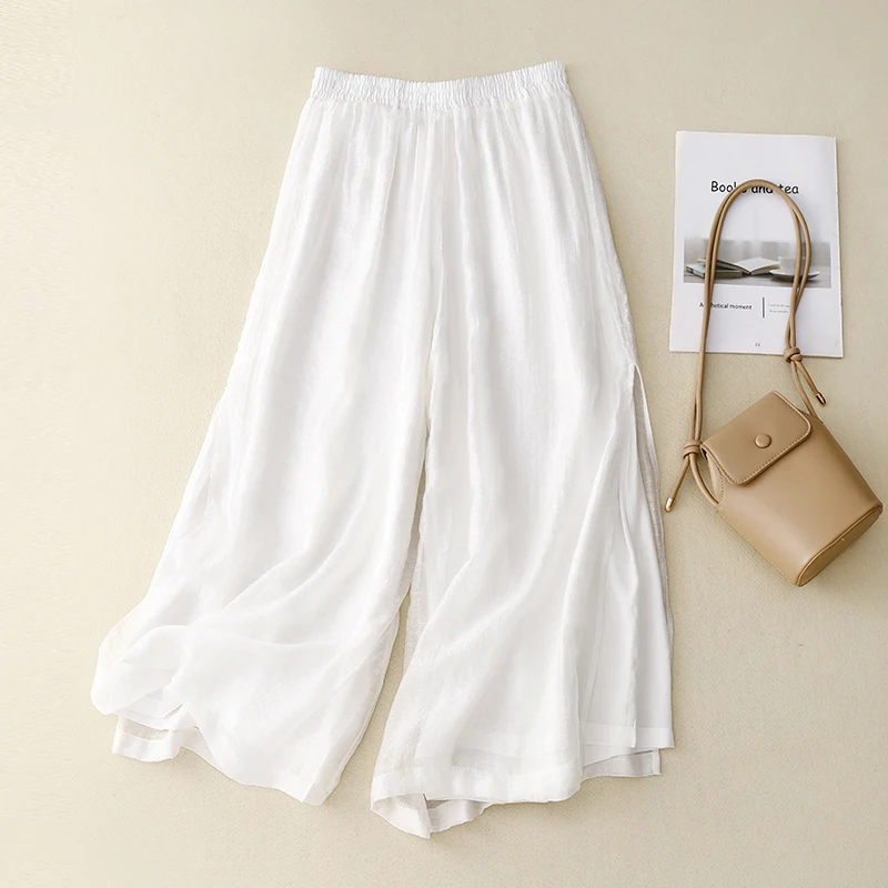 

Limiguyue 2023 New Vintage Double Layers Wide Legs Pants Casual Women Trousers Ankle-Length Elastic Waist Comfortable Solid U760