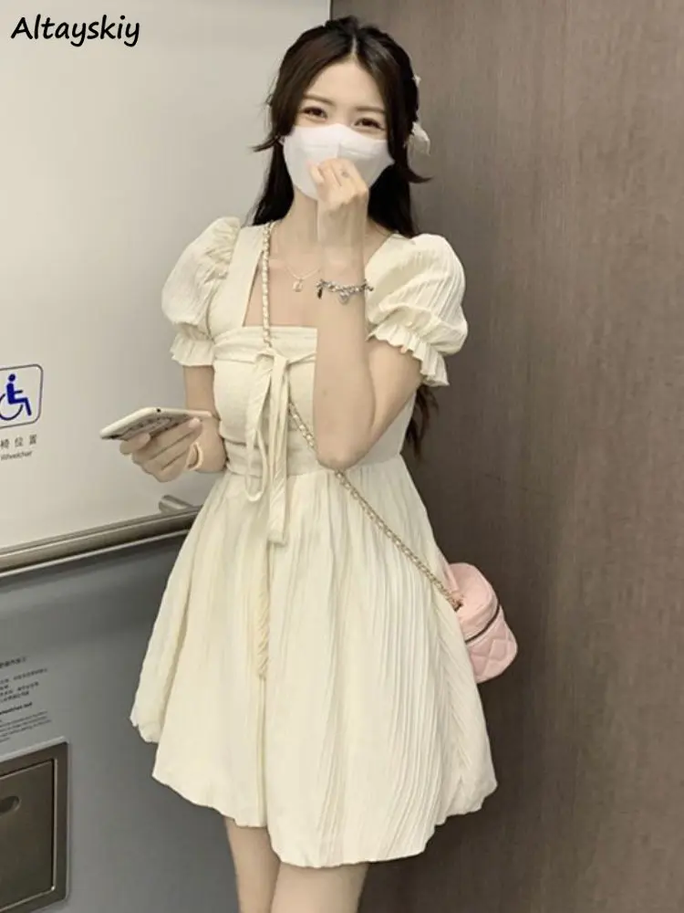 

Dresses Women Puff Sleeve Preppy Sweet Lace-up Design Tender French Style Temperament Summer Fashion Mini Princess Chic Ulzzang