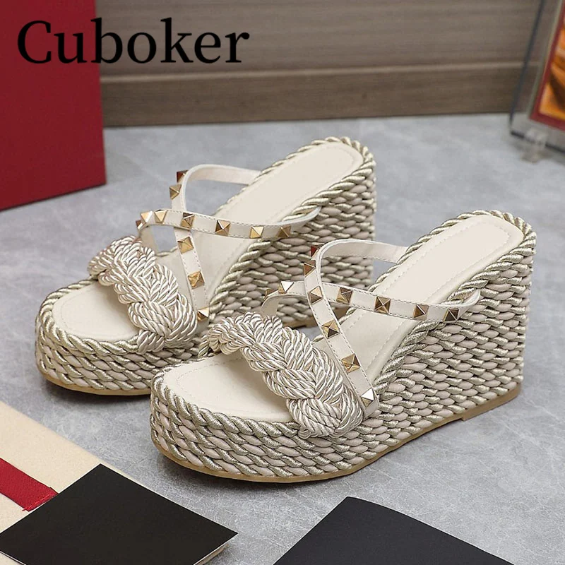 

Designer Platform Wedge Women's Slippers Woven Sole Rivet Decor Mules Thick Sole Sexy High Heel Fashion Vacation Women Shoes