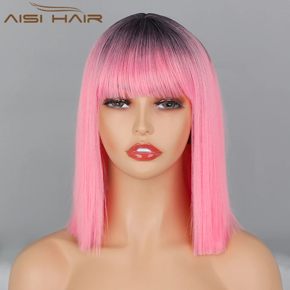 AISI HAIR Synthetic Short Bob Wig With Bangs for Women Bob Wigs Black Pink Purple Cosplay Wigs for Party Daily Shoulder Length