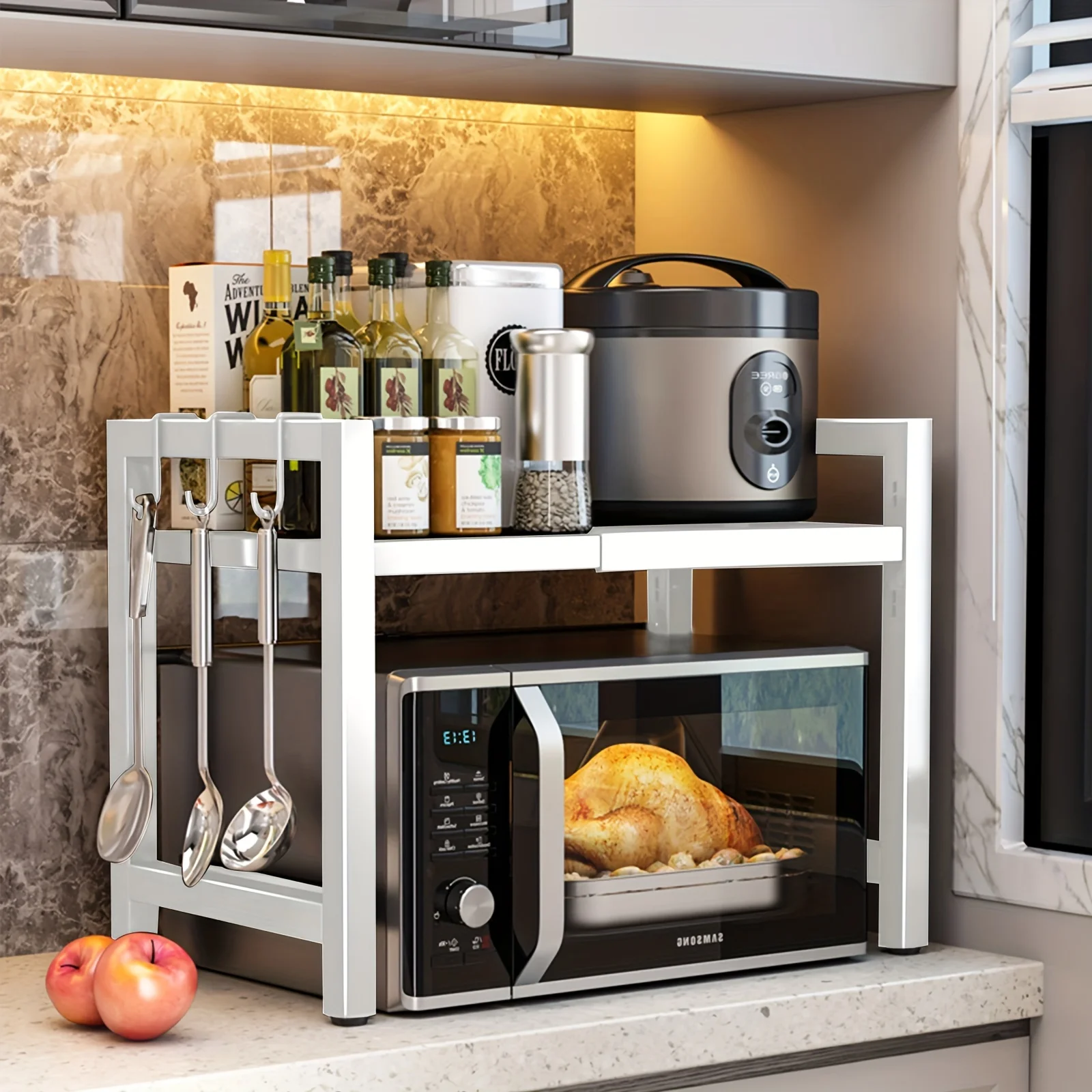 Expandable Microwave Shelf, Microwave Holder with 6 Hooks, Kitchen Storage Rack, Microwave Baking Rack, Extendable 40-64cm
