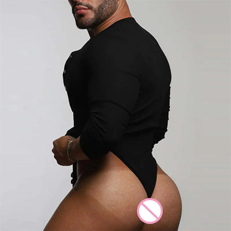 Men Bodysuit V Neck Long Sleeve Button Sexy Pajamas Fitness Underwear Solid Color Bodycon Jumpsuit T-Back Jumpsuit