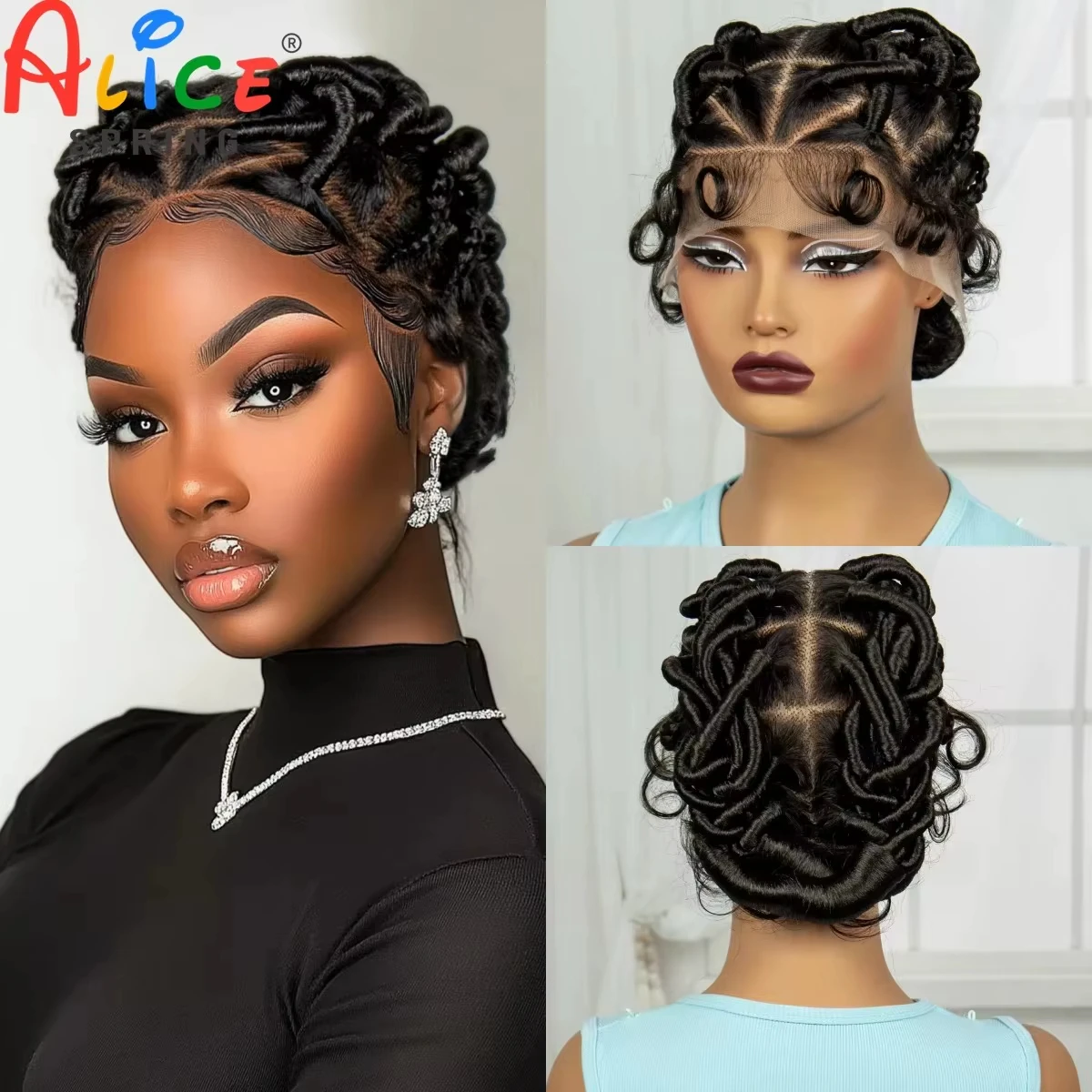 Full Lace Braided Wig Handmade Bantu Braided Wigs Synthetic Knotless Dreadlock Braided Lace Wigs with Baby Hair for Black Women