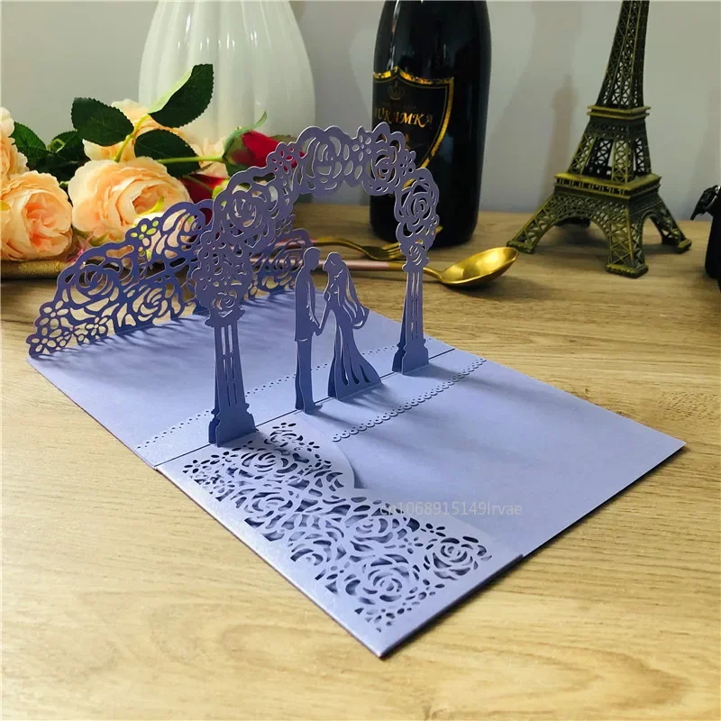 3D Bride and Groom Rose Gold Pop Up Wedding Invitations Laser Cut Greeting Cards Envelope Bridal Shower Invitation Cards
