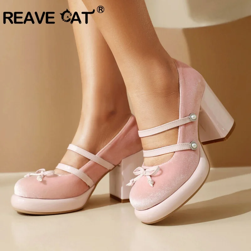 

REAVE CAT Elegant 8.5cm Thick Square Heel Mary Janes Women Pumps 2cm High Platform Shoes Bow 33 43 Two Buckles Round Toe Suede