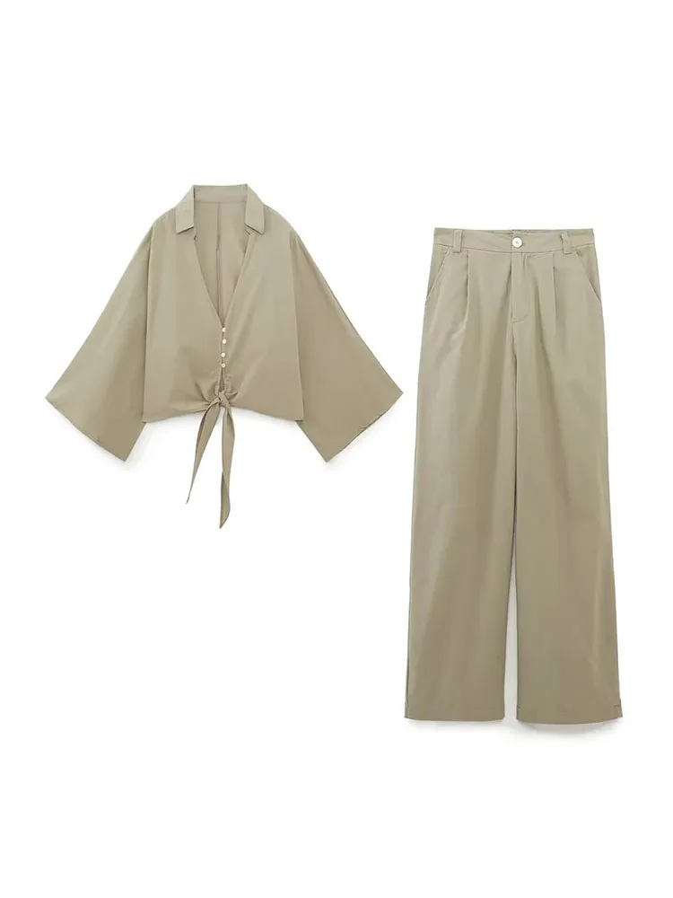 

TRAF 2023 Summer New Fashion Knot Linen Cropped Shirt Casual Wide Leg Fashion Solid Color Linen Trousers