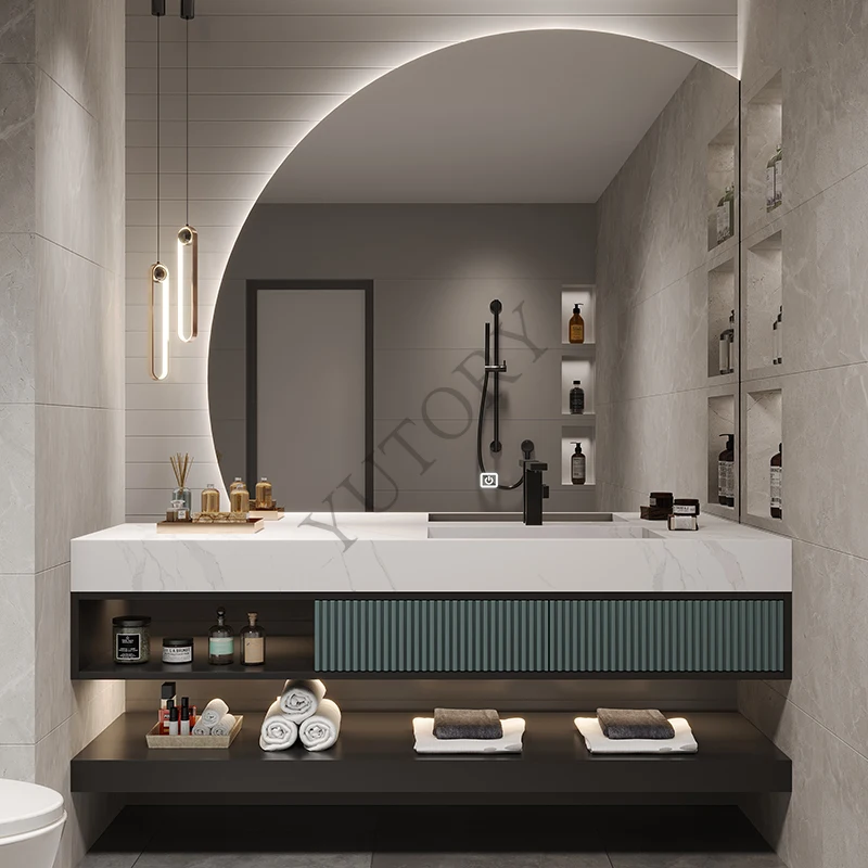 Solid wood rock slab integrated basin bathroom cabinet modern smart toilet hand wash basin cabinet bathroom