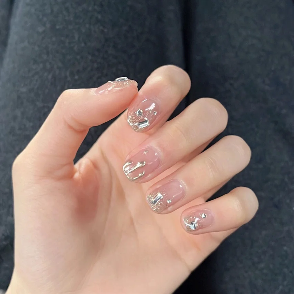 

（Handmade Manicures)10 PCS Short Square Circle Detachable Fake Nails, Four Seasons Glitter Diamond, Flash, Student Nail Patch