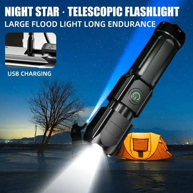 Telescopic Zoom Tactical Flashlights Rechargeable LED Torch 4 Lighting Modes Long-Range Waterproof Camping Fishing Flashlight