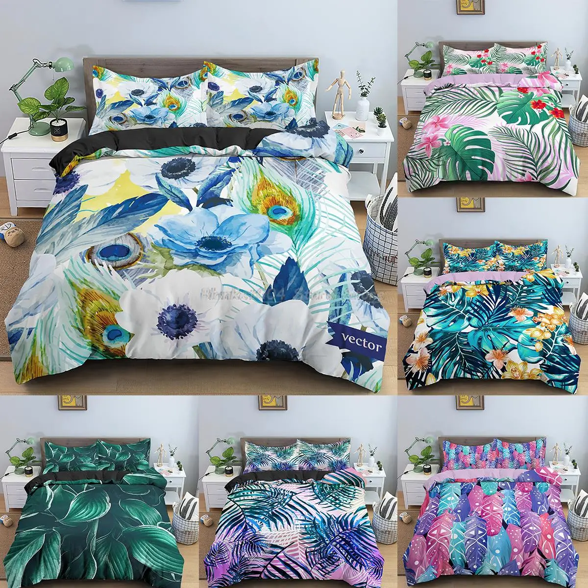 

Nordic 2/3pcs Bedding Sets Plant Leaf Floral Duvet Quilt Cover Pillowcase Single Double Queen King Size Luxury Color Bedding Set