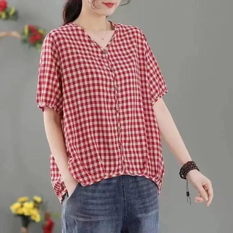 Fashion Printed V-Neck Button Irregular Folds Plaid Blouse Women's Clothing 2023 Summer New Casual Pullovers Asymmetrical Shirt