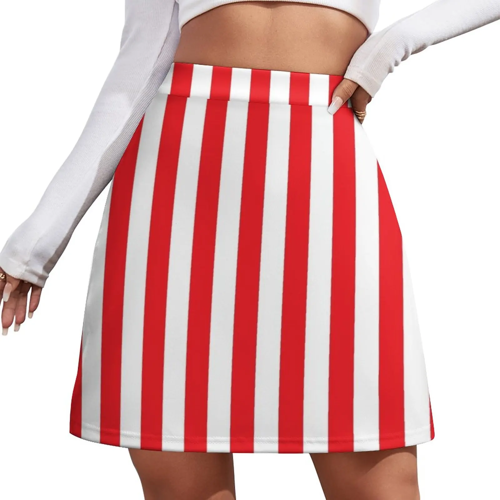 Barbershop Stripe | Red and White Stripes Mini Skirt extreme mini dress Skort for women short skirts for women natural stripe in white taupe grey thick horizontal 3 stripes shower curtain cover shower bathroom curtain