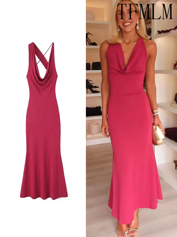 TFMLN Women Long Dress Sexy Strap Pure Color Streetwear Party Club Elegant Skinny Hollow Backless Strapless Sexy Dress