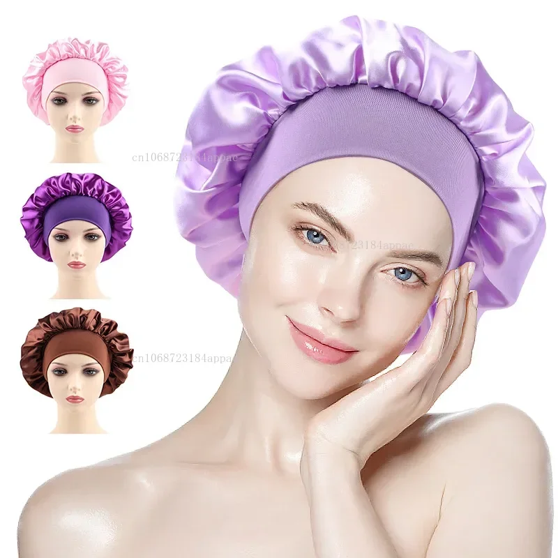 Women's Satin Bonnet Solid Elastic Wide-brimmed Sleeping Hat Unisex Head Wrap Elastic Band Cap Hair Care Night Hat Hair Bonnet Satin Nightcap Sleeping Cap