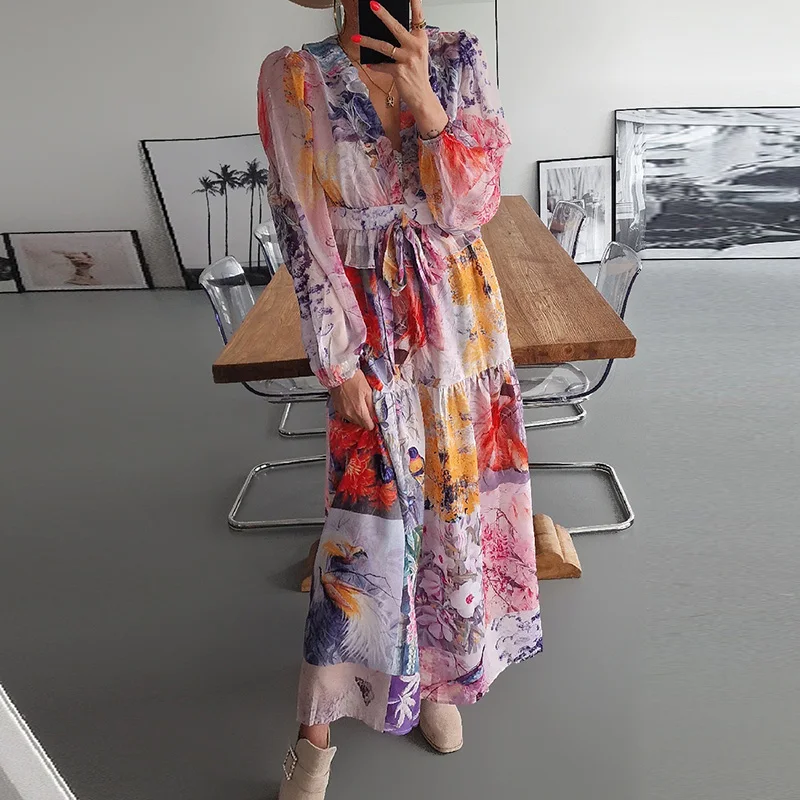 

Summer 2023 Women Loose Pleated Party Dress Elegant Print Ruffle V-neck Dresses Vintage Long Sleeve Lace-up Tie Beach Dresses
