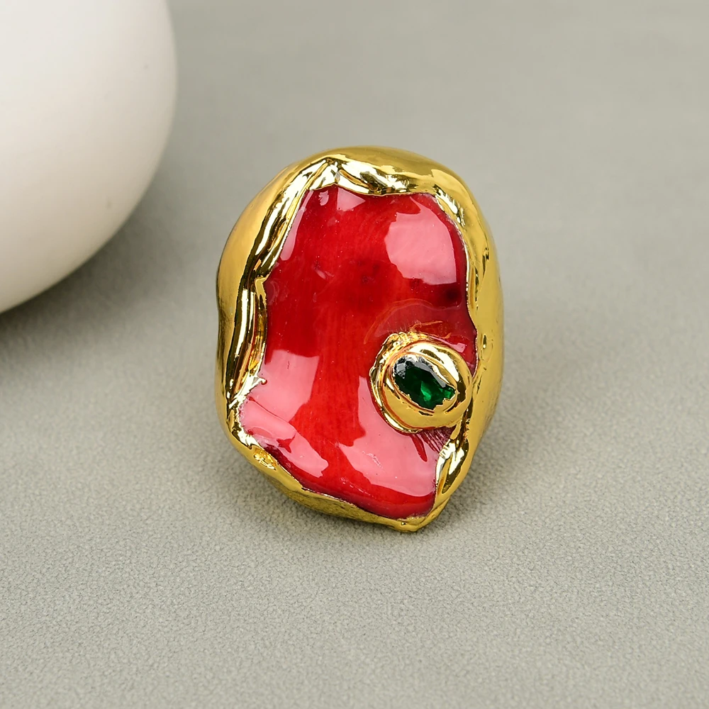 

GG Jewelry Authentic Gold Plated Red Coral Nugget Green Crystal Zircon Paved Rings Edge Adjustable Vintage Gems Daily wear Ring