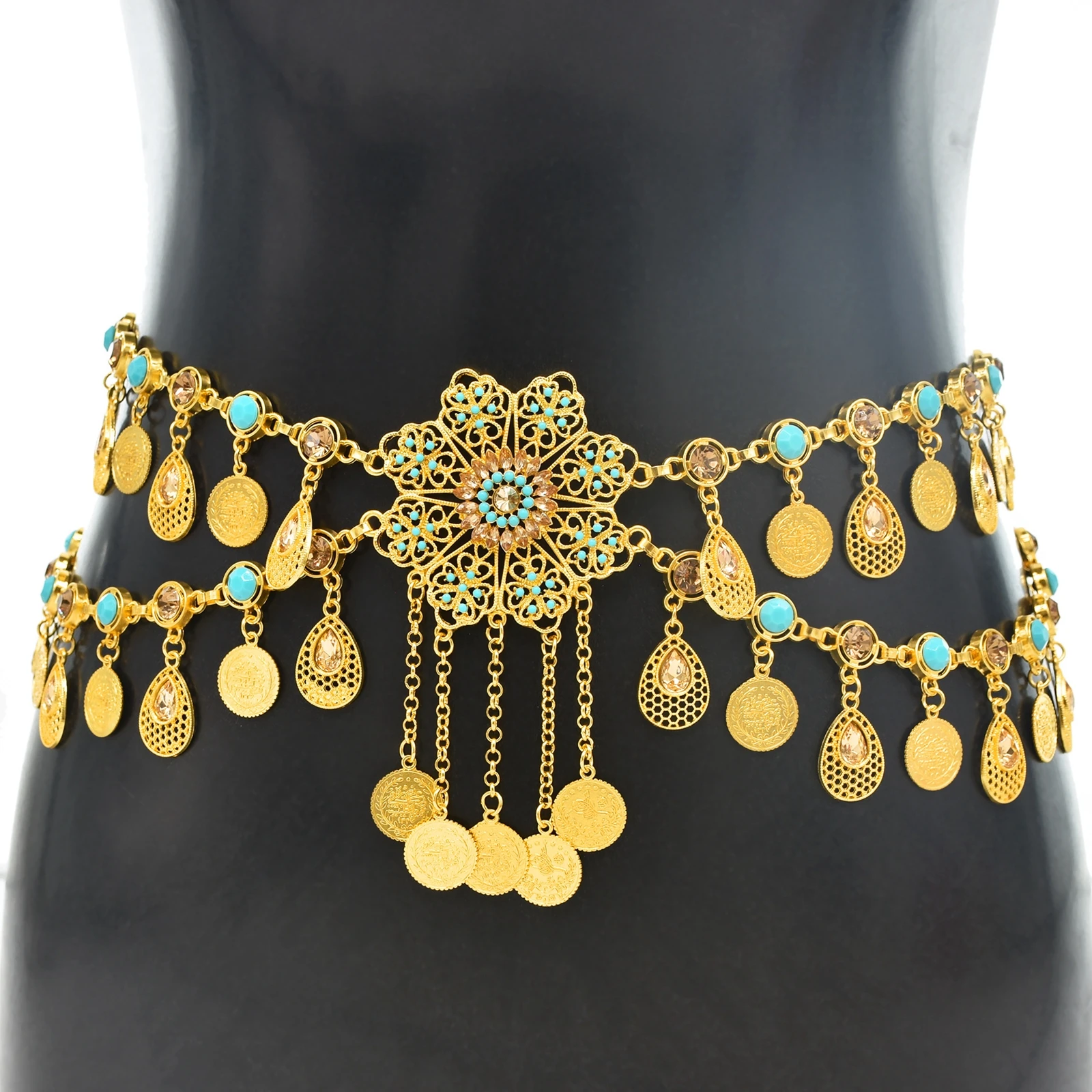 GORGECRAFT Cintura Boho Con Catena In Vita Dorata – Pendente Moneta Con Strass E Turchese, Regolabile Fino A 111 Cm, Gioiello Per Abiti E Jeans - 5