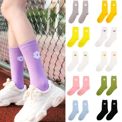 1 Pair Candy Color Cotton Socks Women's Sports Socks Flower Middle Tube Hosiery Stylish Popular Comfortable Ladies Hosiery