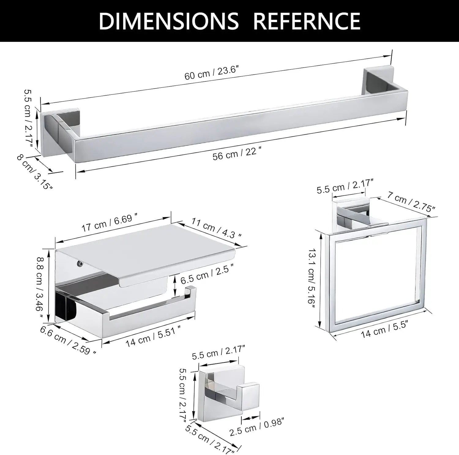 5-Piece Bathroom Set. Polished Chrome. 23.6" Towel Bar, Holder with Shelf, Ring, Hook.