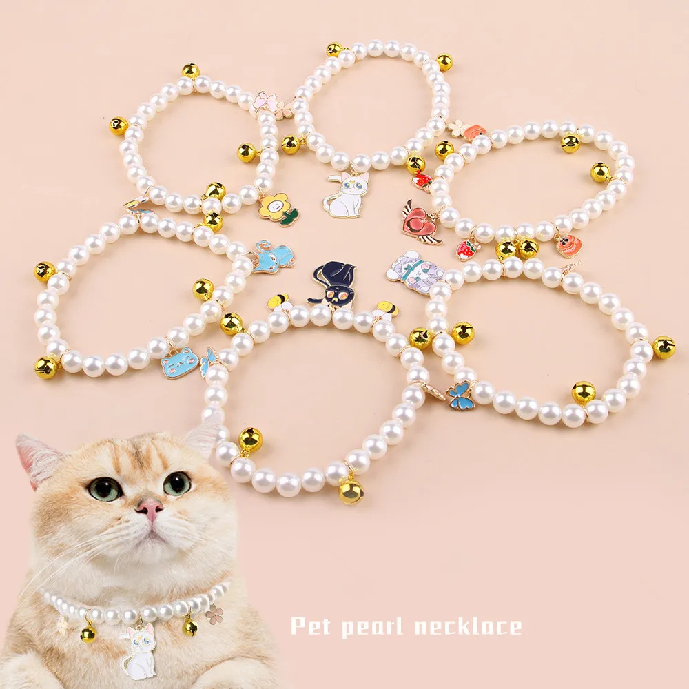 Pet Cat Dog collar Cute Kitten dog bell necklace jewelry pearl bow pet collar elegant party dress Pet Accesorios