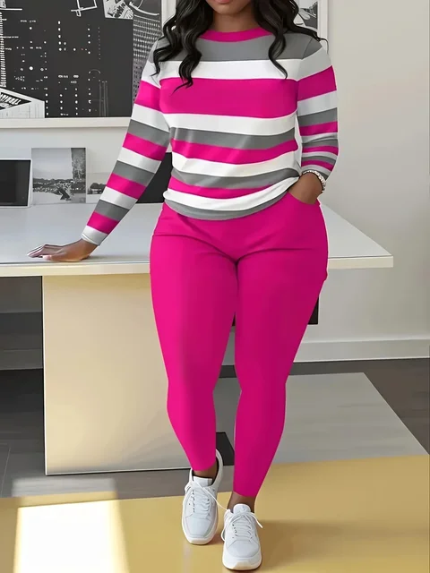 Haut à manches longues et pantalon long pour femme, ensemble de vêtements assortis, col rond, bloc tournant décontracté, grande taille, 2 pièces 6