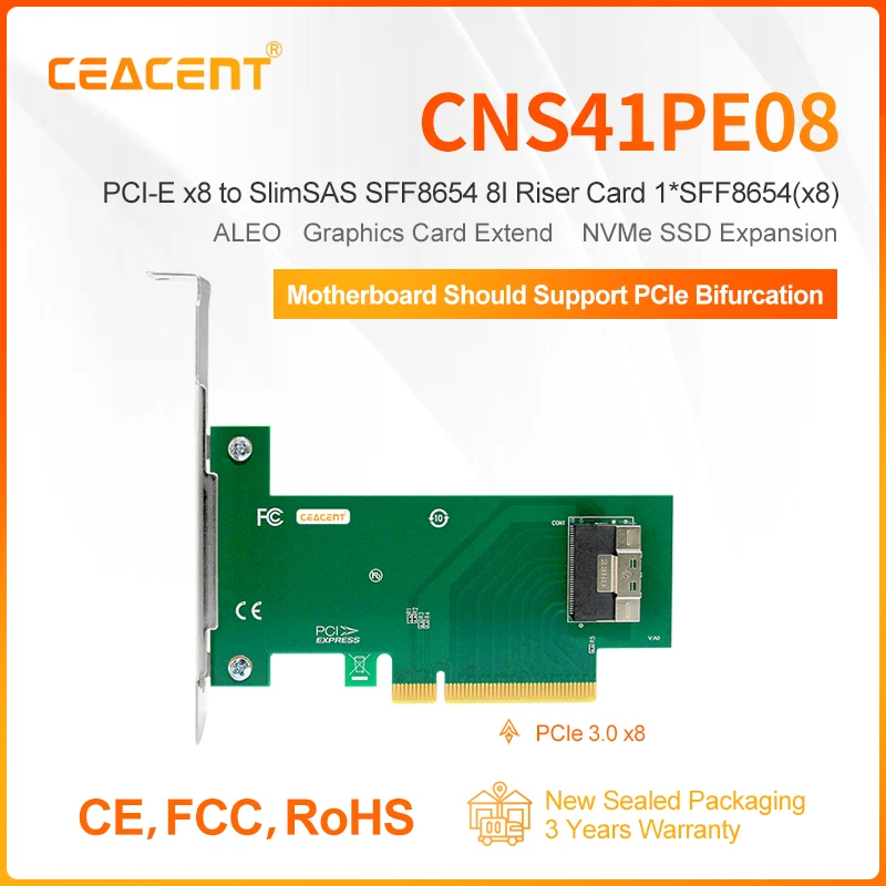 

CEACENT CNS41PE08 PCIe x8 to NVMe U.2 SFF8639 Adapter, 1 Port SFF-8654(x8) for two NVMe U.2 SSD, Support Graphics Card Extend