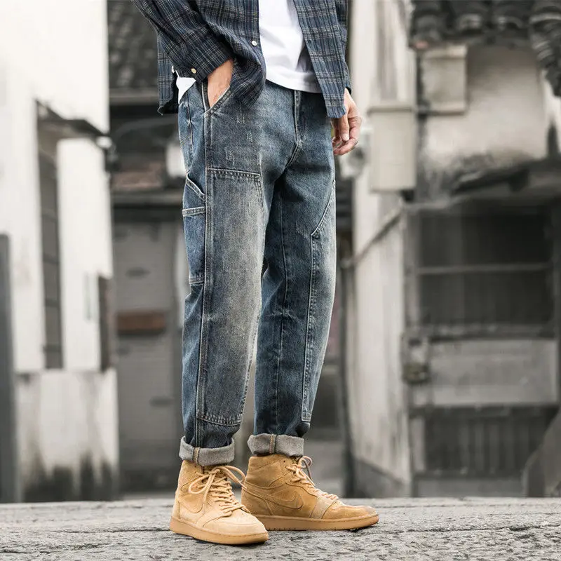 Autumn and Winter Cargo Pants Jeans Men's Clothing Outdoor Sex Open Crotch Erotic Pants Vintage Denim Trousers Loose Y2k Clothes