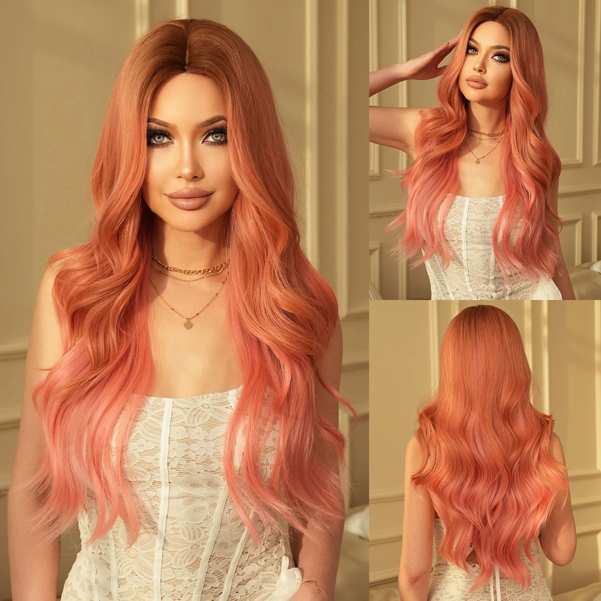 

NAMM Long Wavy Layered Pale Pink Wig With Dark Roots High Density Synthetic Heat Resistant Hair Wigs Mid Split Wig
