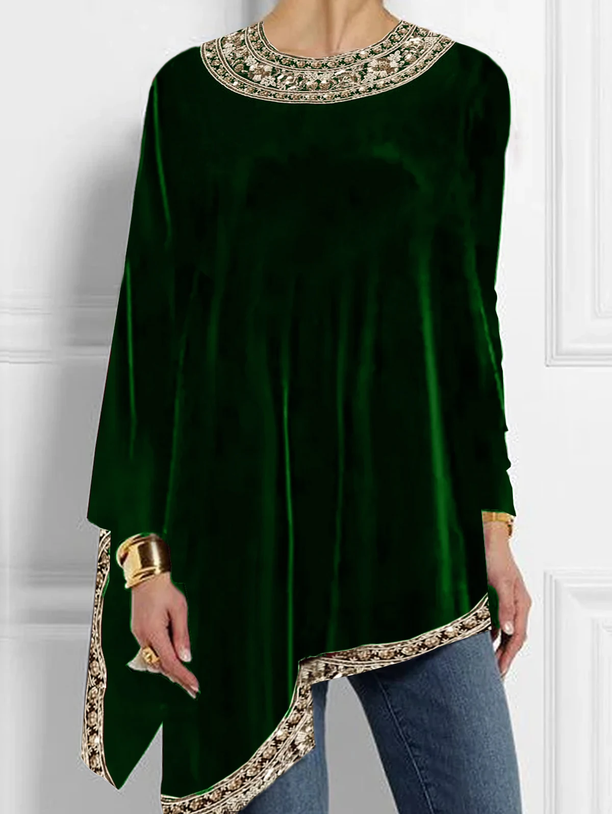 thumbnail image 1 of Blusa de talla grande con dobladillo irregular para mujer, camiseta de manga larga de terciopelo retro a la moda de primavera, top asimétrico holgado informal con cuello redondo, 1 of 4
