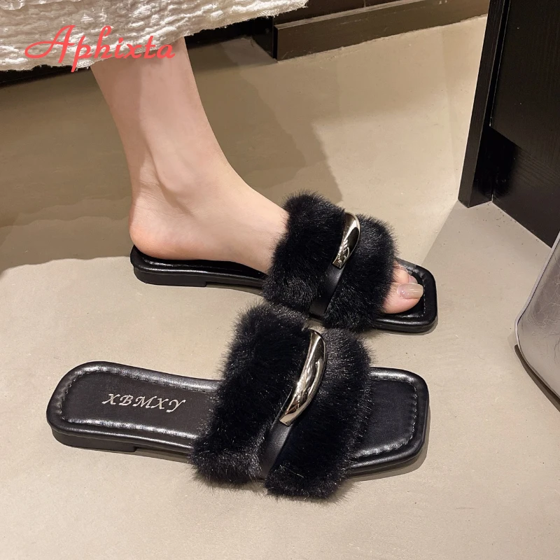 Aphixta Flat With Furry Women Slippers Outside Modern Slides Shoes Metal Dec Soft White Fur Slippers Fashion Woman Shoes