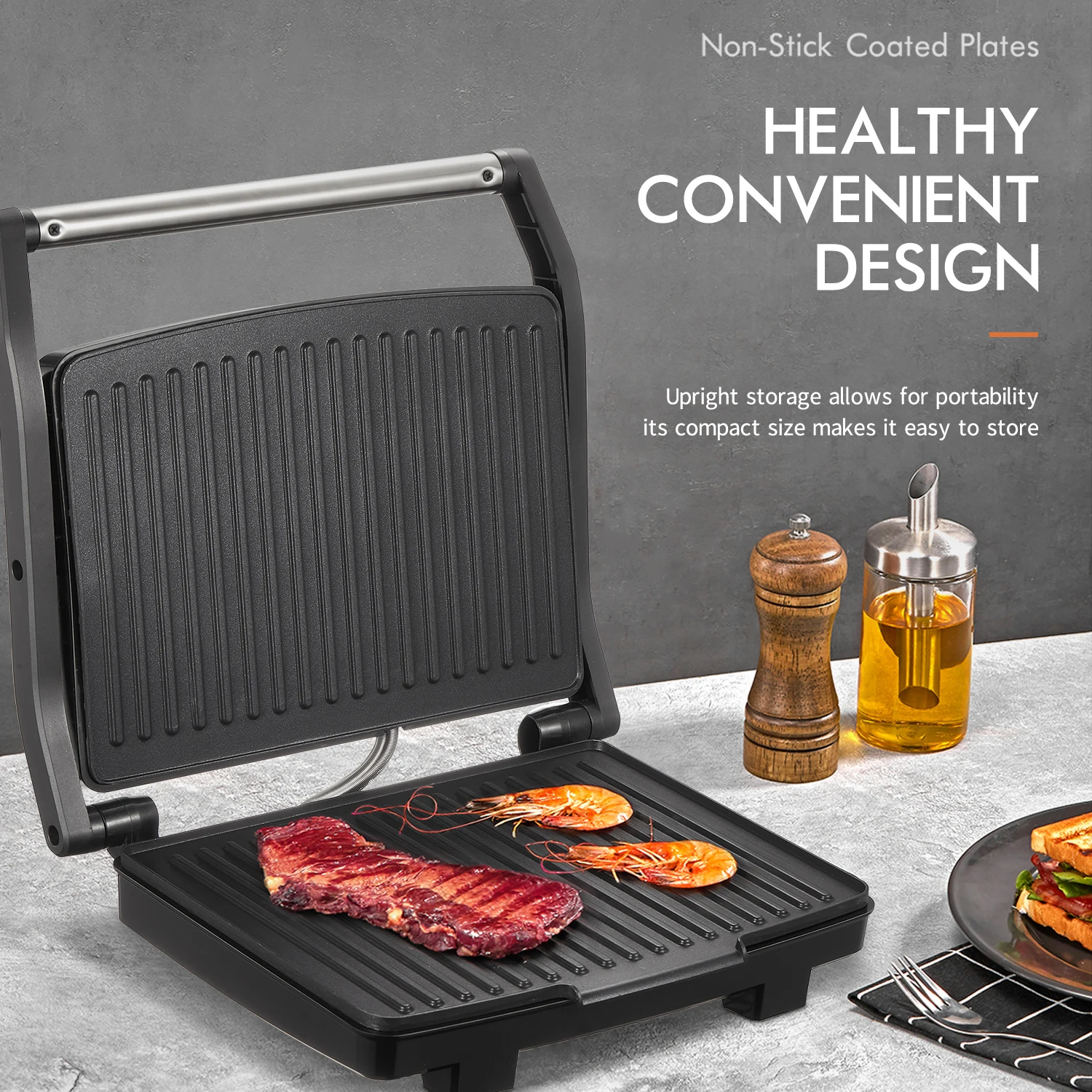 Yabano Panini Press Grill, Gourmet Sandwich Maker, Electric Indoor Grill with Non-Stick Cooking Plate and Removable Drip Tray, E 6