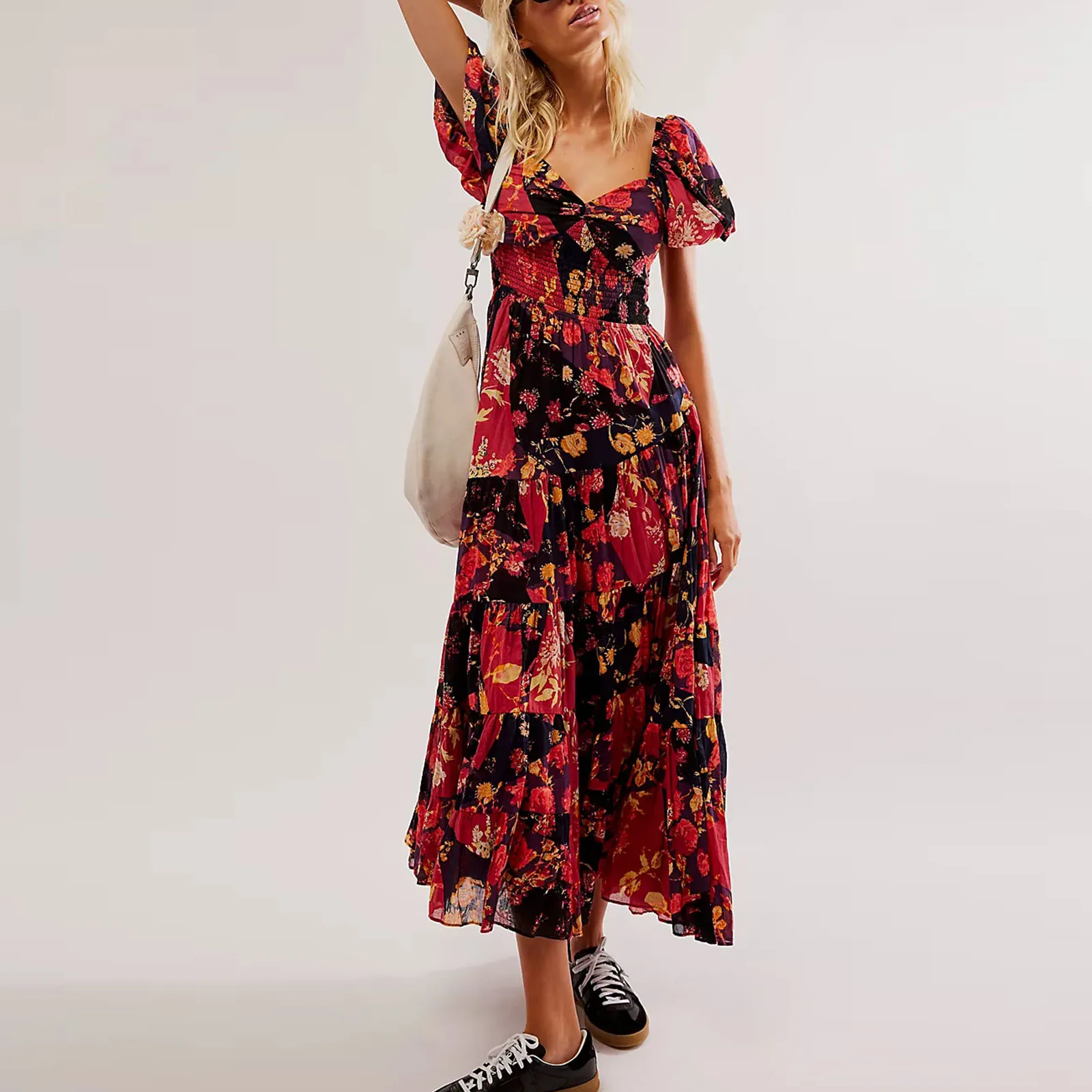 Hirigin Women's Boho Maxi Dress Flowy Smocked Puff Sleeve